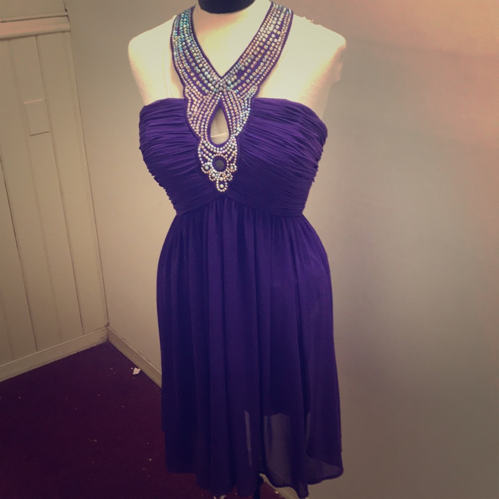 Royal purple chiffon dress halter rhinestones wow
